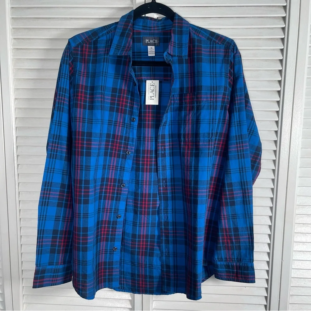 The Children’s Place Boys Plaid Poplin Button-Down Shirt – Blue (XXL / 16)